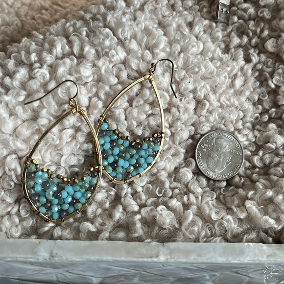 24K gold plate hoop earrings with crystals and gold beads 2.5” Dangling - Picture 2 of 2